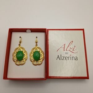 Alzerina Handmade Gold Tone Filigree Drop Earrings | Jade-Green Cabochon